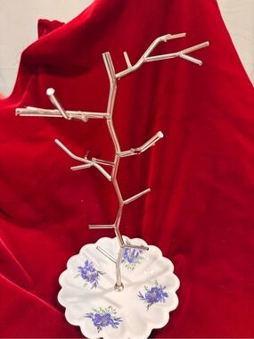 Silver Branch Jewelry Tree with Floral Ceramic Dish